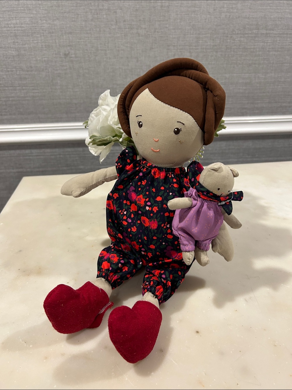 Floral Cloth Doll with Tiny Kitty